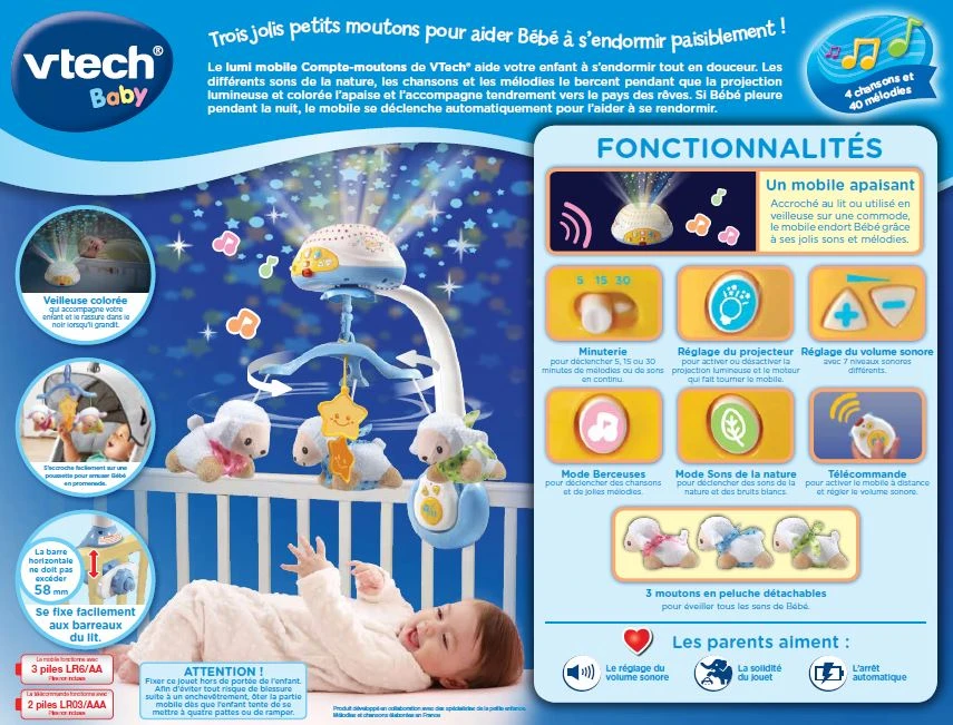 VTECH BABY Lumi Mobile Compte-moutons Bleu - Mobile Pour Bébé 4 VTECH BABY Lumi Mobile Compte-moutons Bleu - Mobile Pour Bébé – Image 4