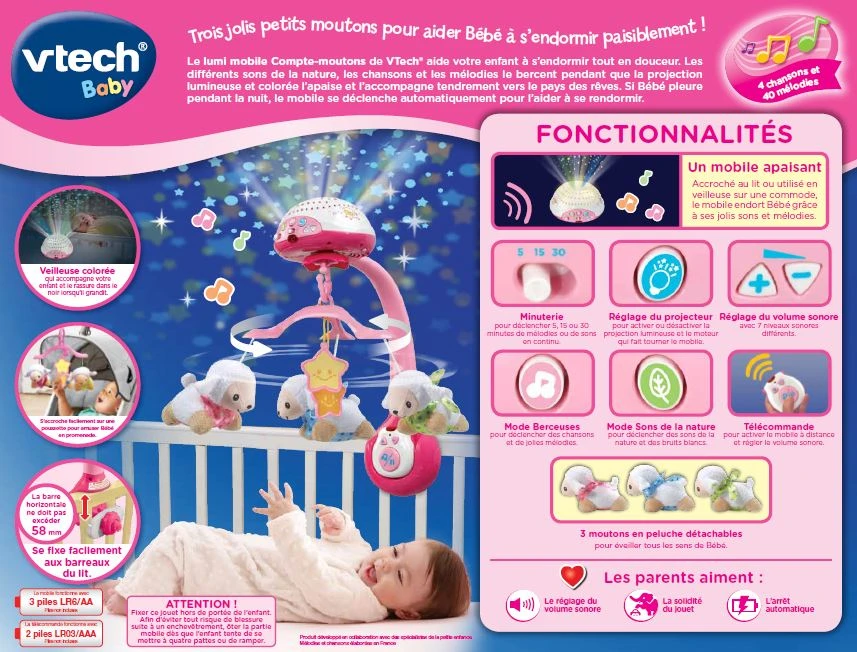 VTECH BABY Lumi Mobile Compte-moutons Rose - Mobile Bébé 6 VTECH BABY Lumi Mobile Compte-moutons Rose - Mobile Bébé – Image 6
